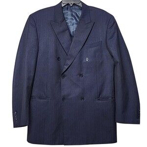 Bertolini Suit Jacket Mens 44 Blue Pinstripe Double Breasted Wool Silk Lined
